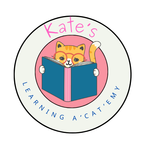 Kate's Learning A'cat'emy logo kate's learning academy logo of a cat in glasses behind an open book